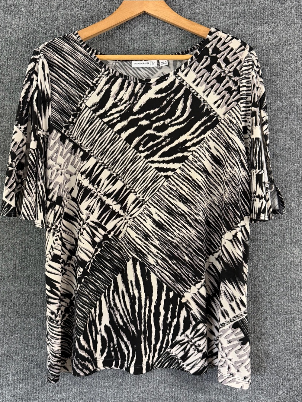 Susan Graver L Liquid Knit Blouse Black Cream Abstract Geometric Split Sleeve To